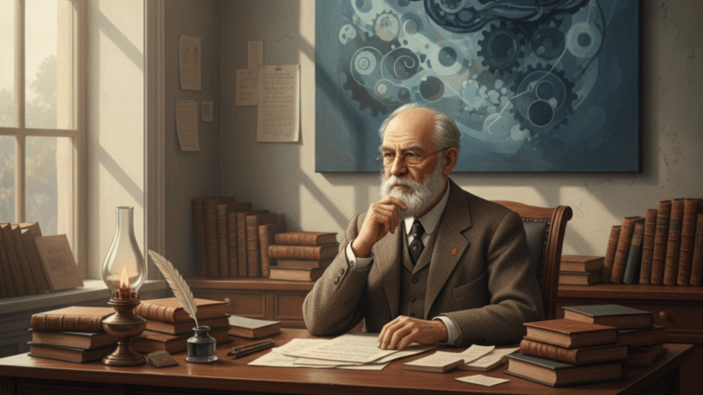 Illustration showing Freud's defense mechanisms, including repression, denial, projection, and displacement, as ways the mind protects itself from anxiety.