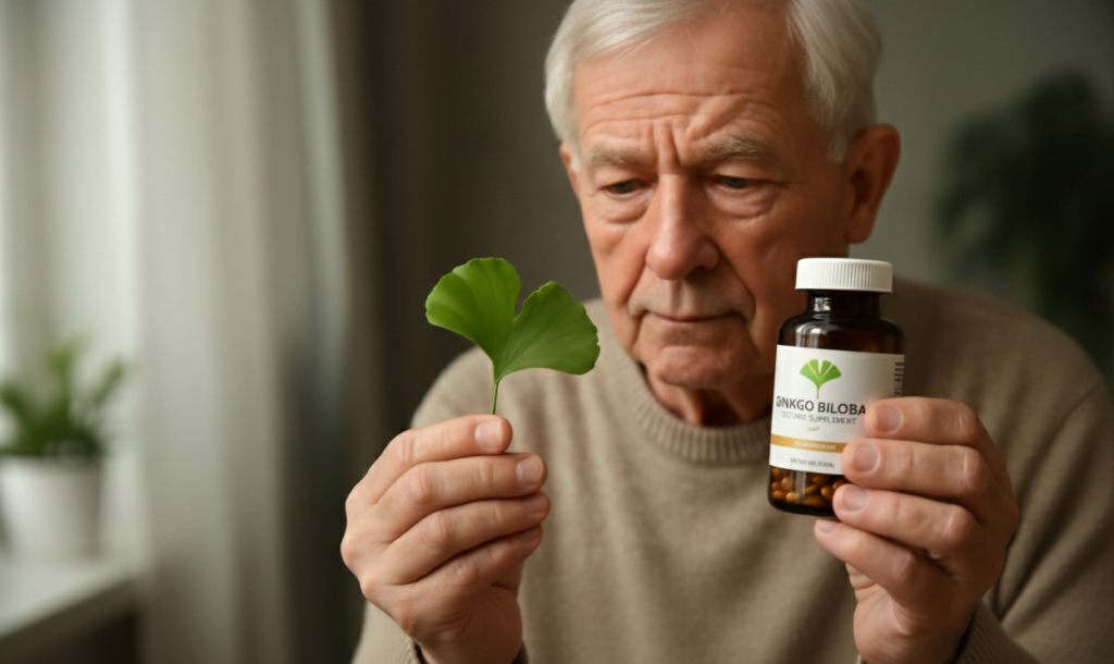 A bottle of ginkgo biloba supplements with capsules spilled beside it, highlighting its use for memory support and cognitive health benefits.