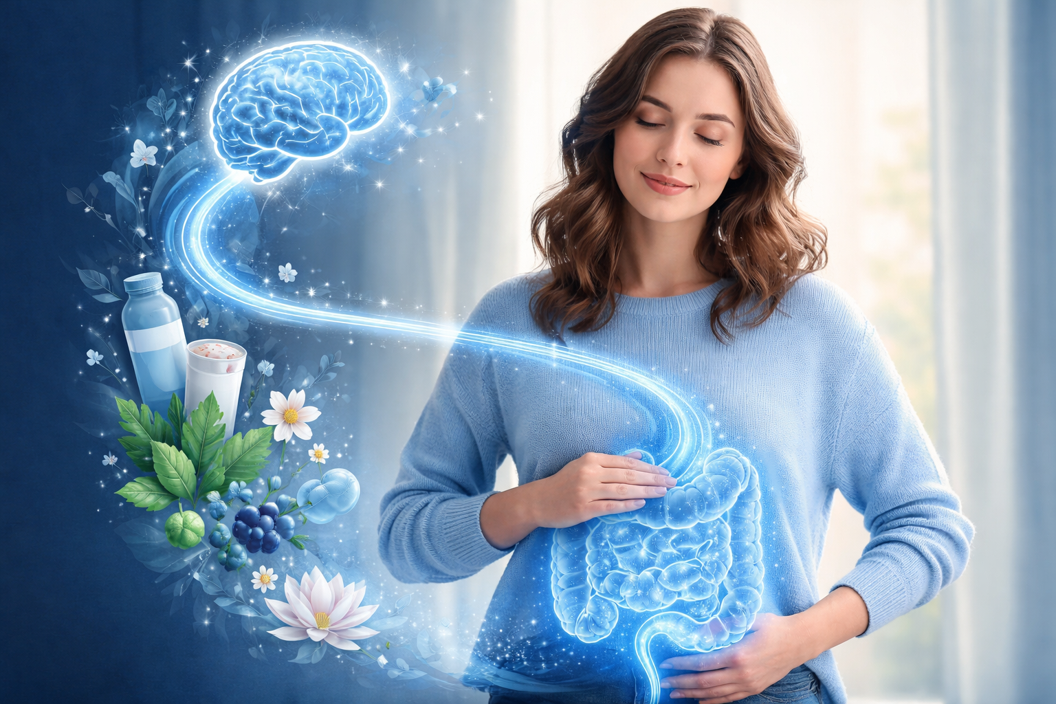 Illustration showing the connection between gut microbiome diversity and mental health, highlighting gut-brain communication pathways and mood regulation.