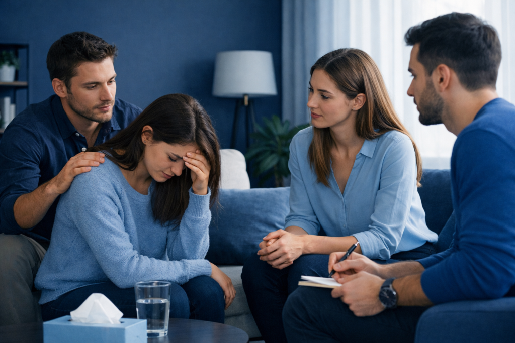 A supportive friend listens and comforts someone struggling with depression, offering empathy, understanding, and encouragement in a calm, safe environment.