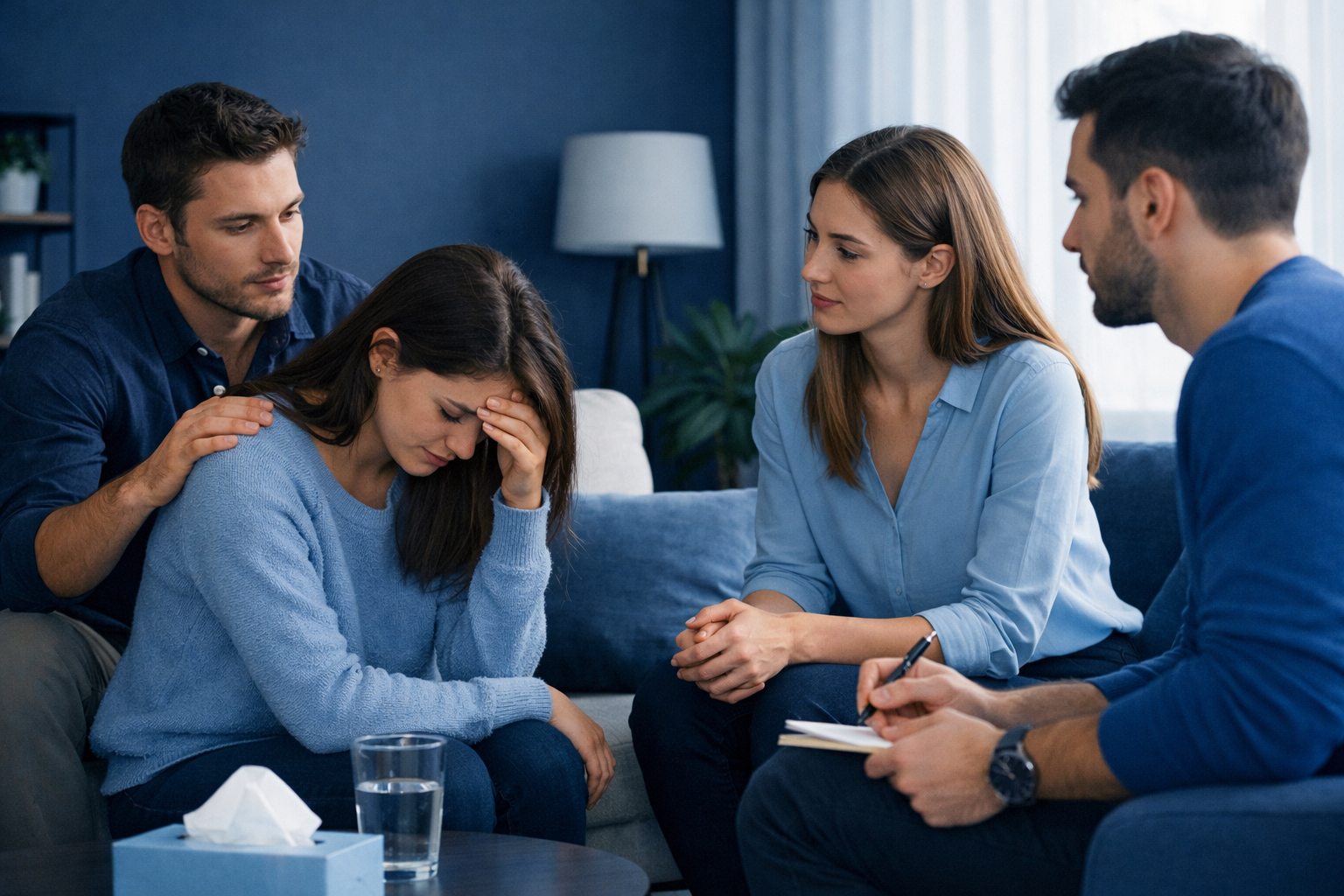 A supportive friend listens and comforts someone struggling with depression, offering empathy, understanding, and encouragement in a calm, safe environment.