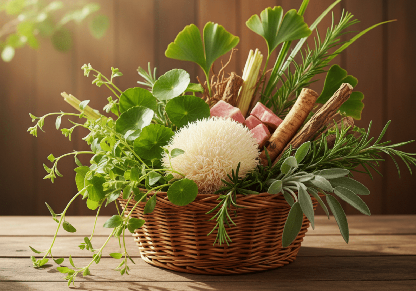A selection of herbs known to support memory and focus, including ginkgo biloba, rosemary, bacopa monnieri, and gotu kola, displayed on a table.