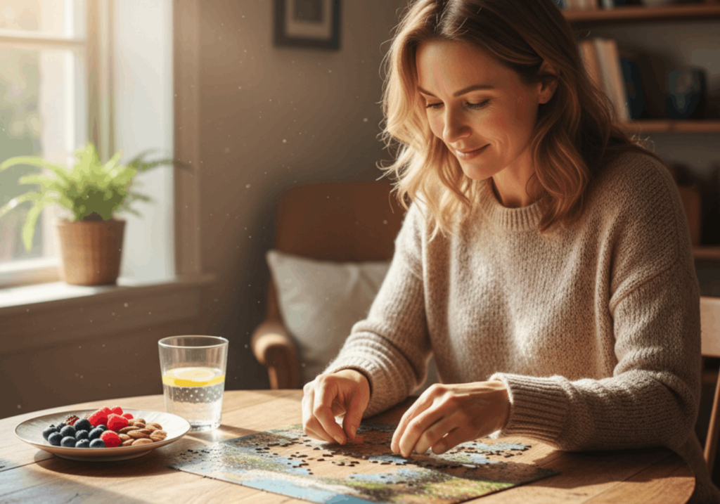 Illustration of a person practicing memory exercises, using flashcards and brain games, to demonstrate techniques on how to improve working memory skills.