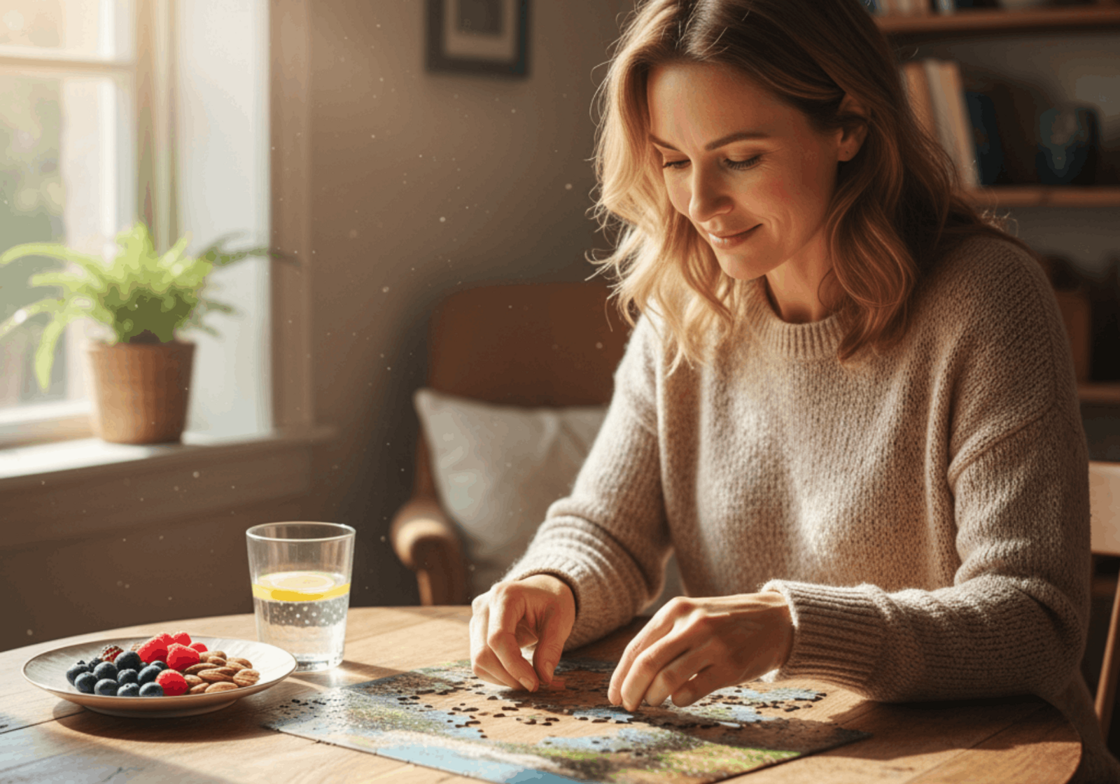 Illustration of a person practicing memory exercises, using flashcards and brain games, to demonstrate techniques on how to improve working memory skills.