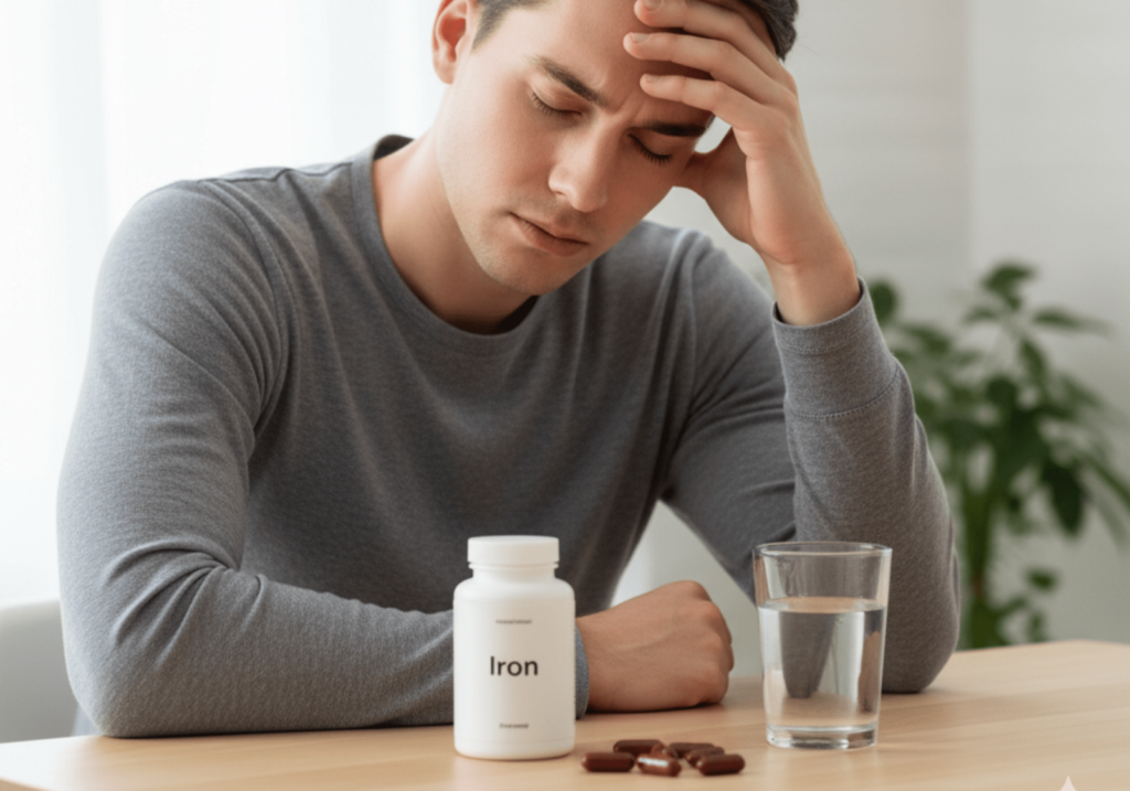 A bottle of iron supplements placed next to a glass of water, suggesting their use as a potential remedy for headaches related to iron deficiency.