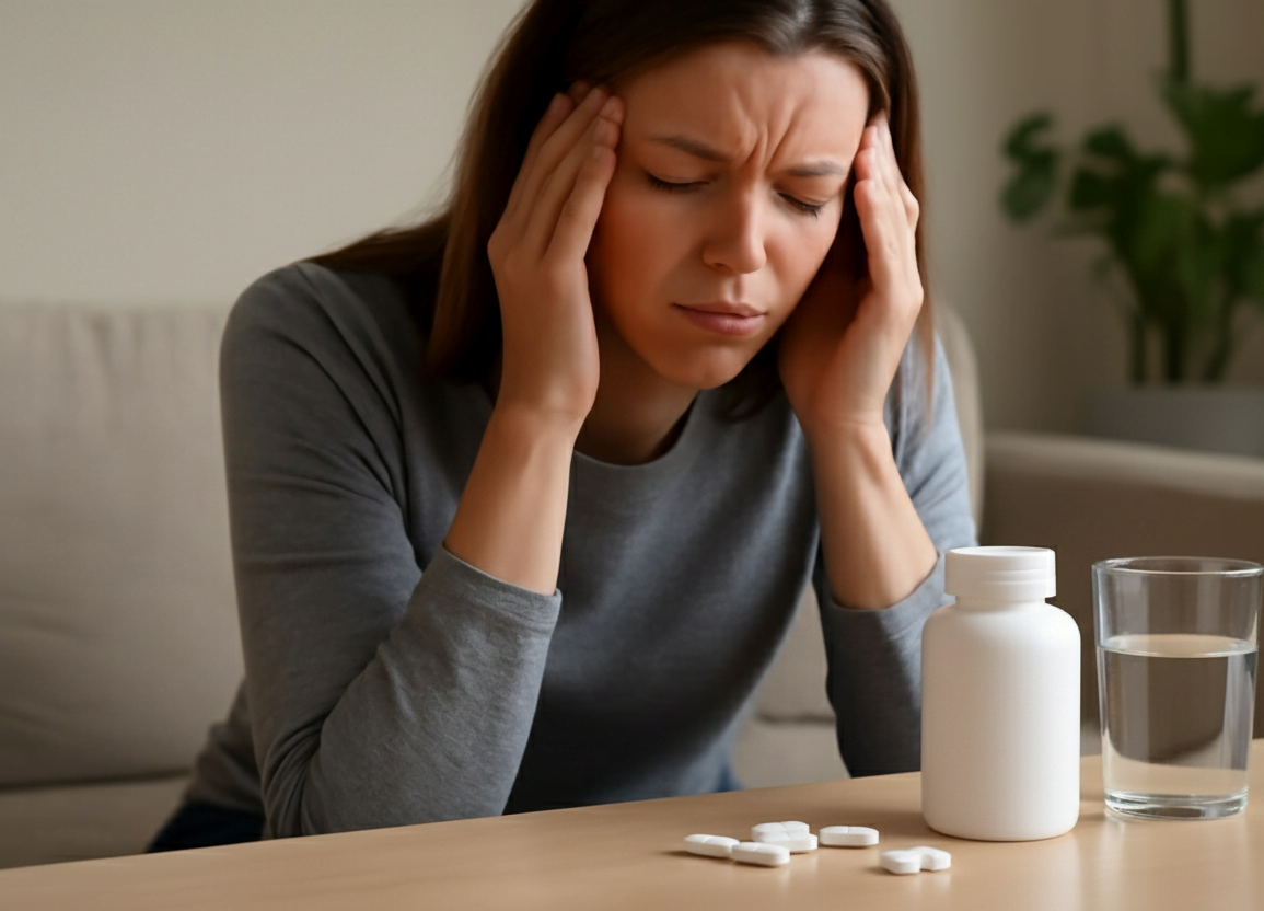 A bottle of magnesium supplement tablets placed on a table, highlighting its use as a natural remedy for relieving and preventing headaches.