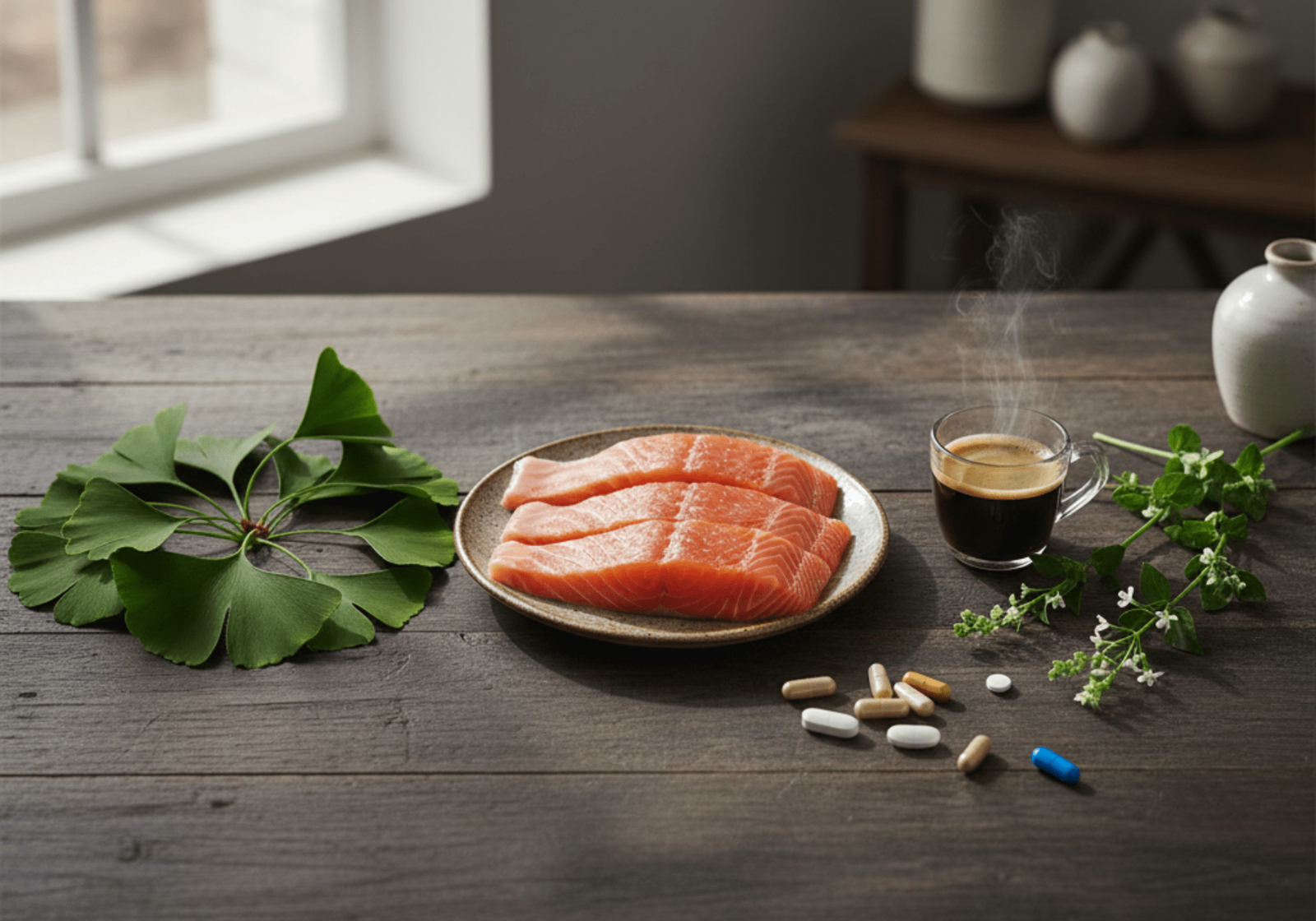 A bottle of memory supplement capsules with natural ingredients, designed to support cognitive function, focus, and mental clarity for adults.