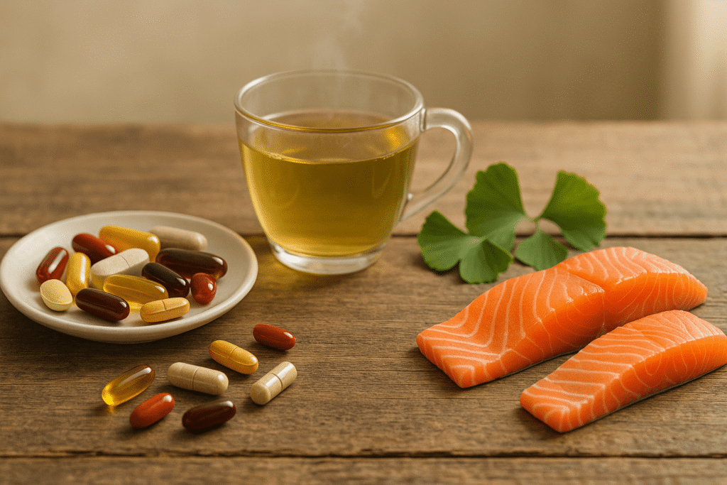 A bottle of Memory Food Supplement with capsules, designed to support cognitive function and enhance memory, placed on a clean white background.