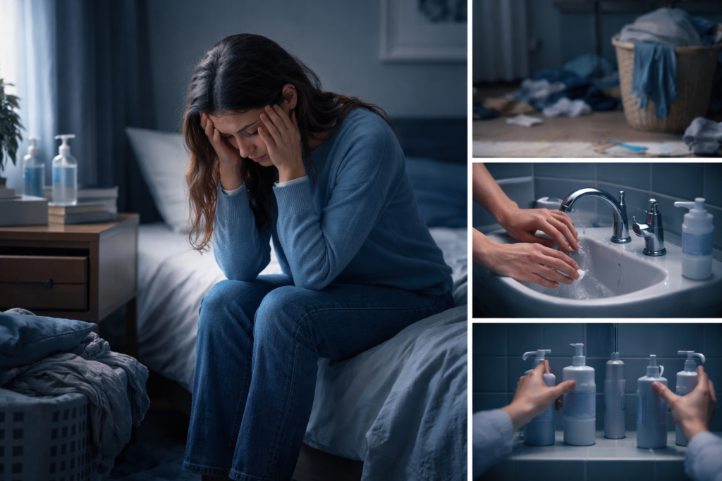 Illustration showing a person sitting alone with overlapping thought bubbles, symbolizing the connection between OCD and depression symptoms.