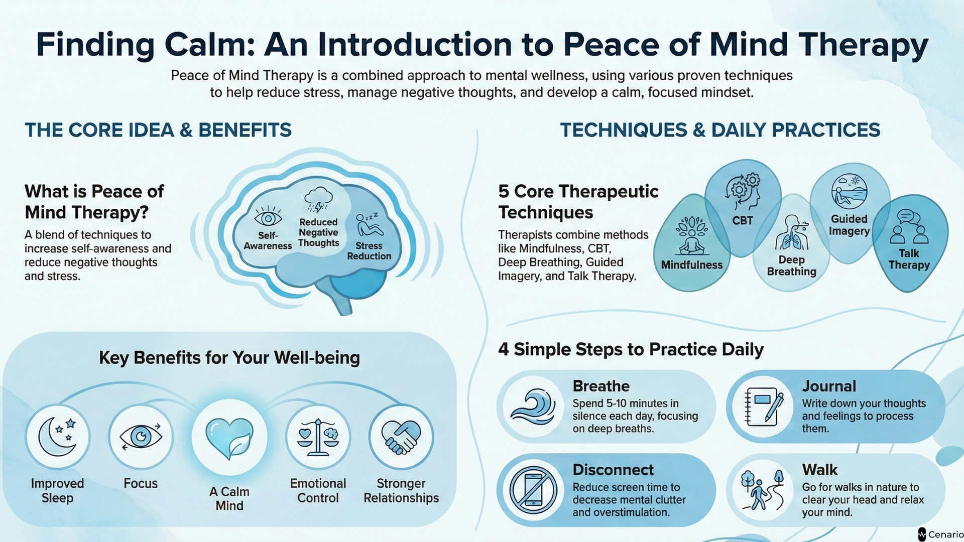 A serene therapy session focused on peace of mind, showing a calm client and therapist in a tranquil setting promoting relaxation and emotional well-being.