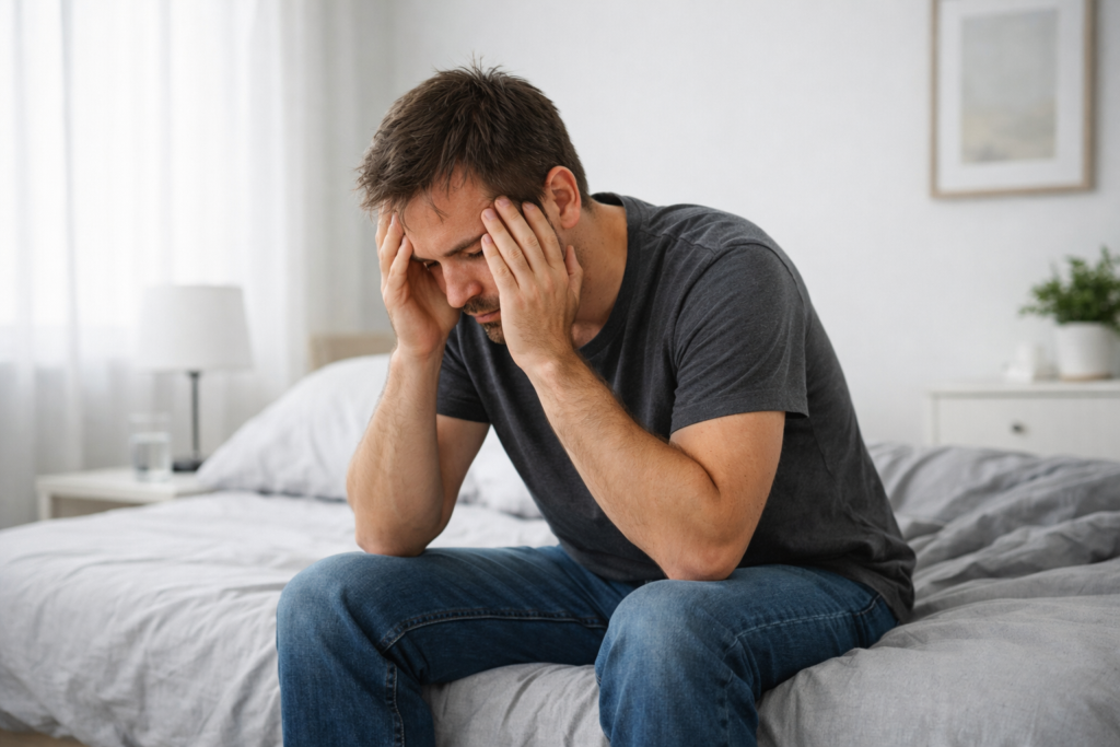 A person sits alone in a dimly lit room, head in hands, visibly distressed, illustrating the isolation and despair of acute clinical depression.