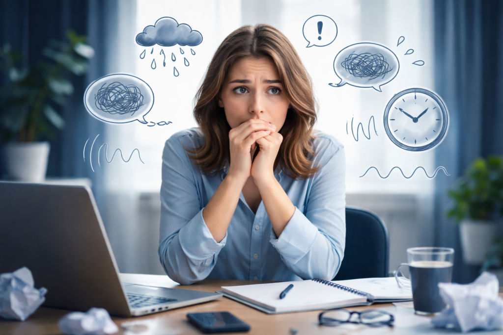 Illustration showing symptoms of acute mania, including elevated mood, rapid speech, hyperactivity, and decreased need for sleep in a clinical setting.