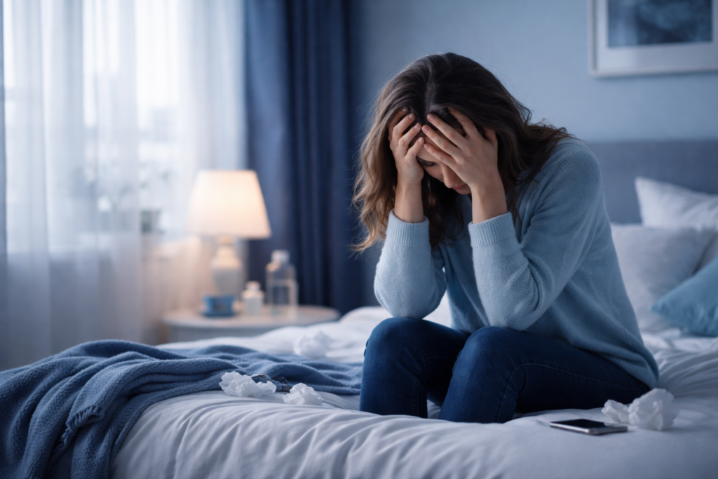 Illustration showing physical symptoms of depression, including fatigue, headaches, muscle pain, sleep disturbances, and changes in appetite or weight.