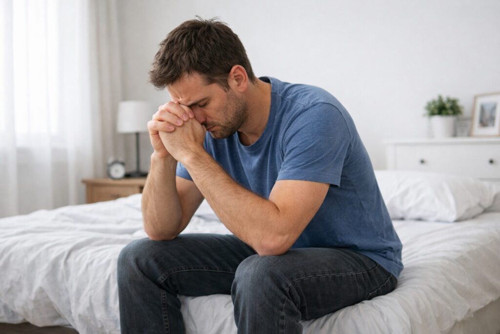 Illustration showing signs and symptoms of depression in males, including irritability, fatigue, withdrawal, sleep issues, anger, and loss of interest.