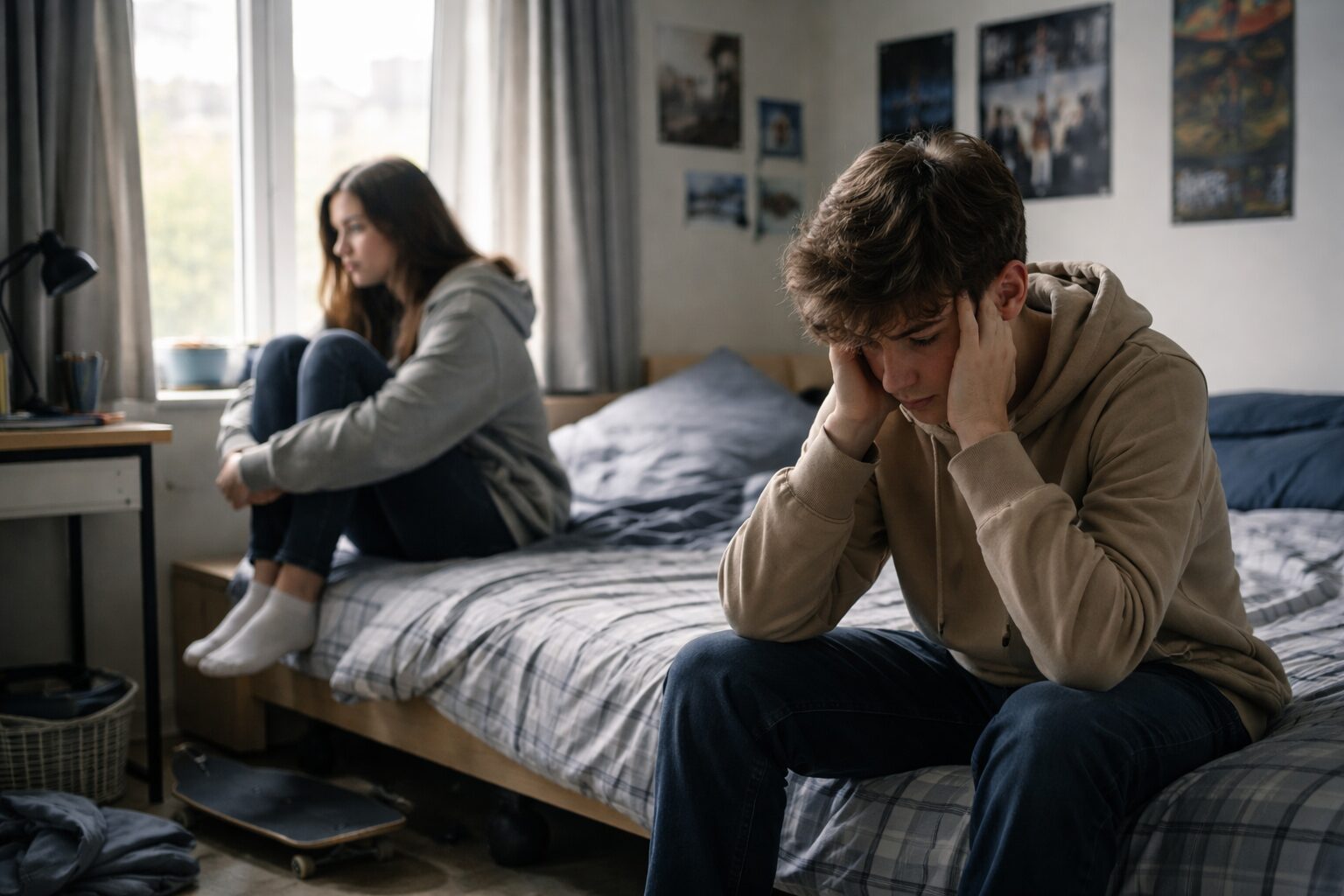 Illustration showing common signs and symptoms of depression in teens, including sadness, withdrawal, irritability, fatigue, and changes in sleep or appetite.