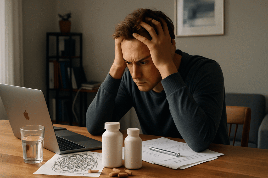 Various supplements for ADHD, including omega-3 capsules, magnesium tablets, and zinc pills, arranged on a table with a notepad labeled "ADHD."