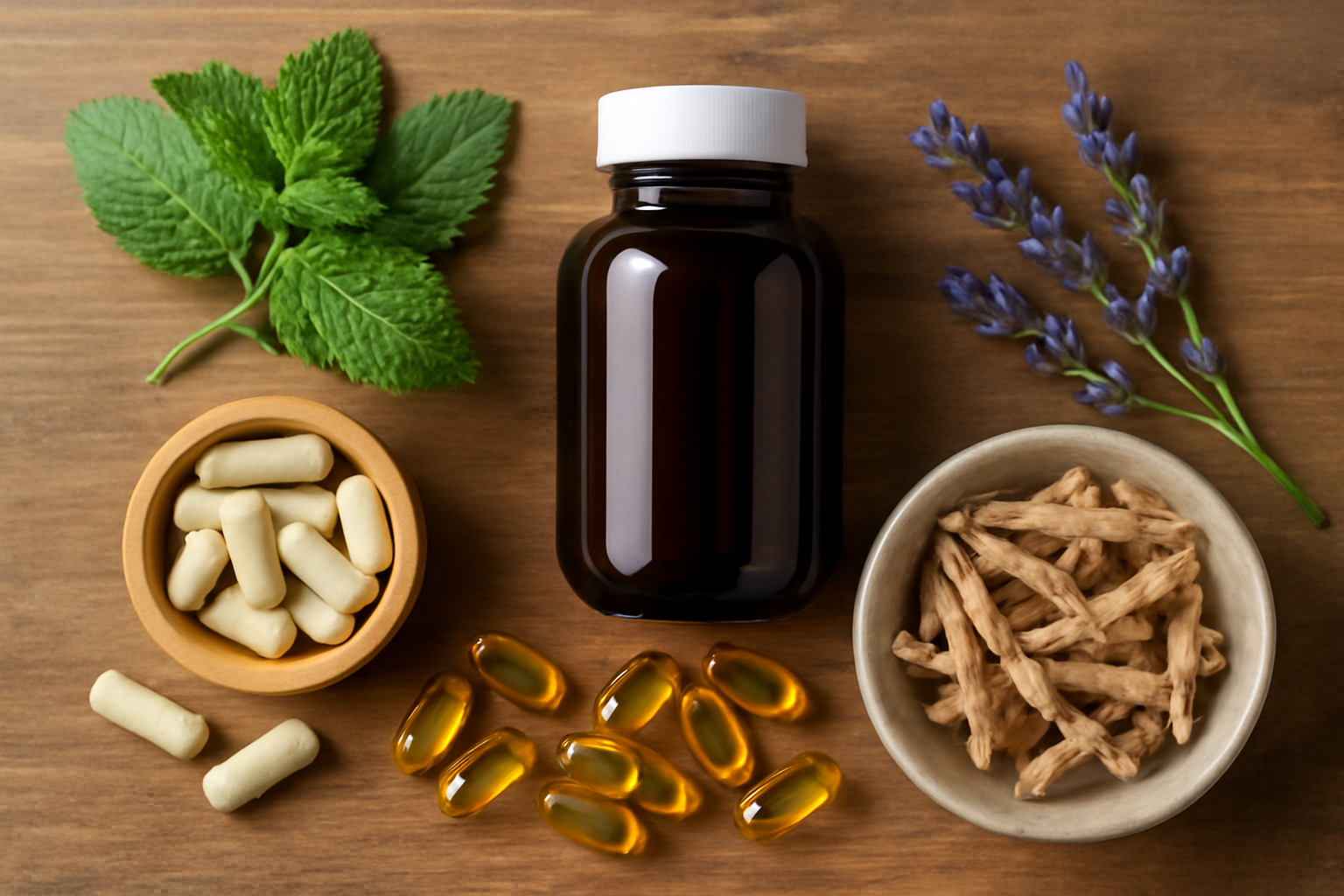 Supplements, herbs, and capsules arranged with a dark bottle on wood