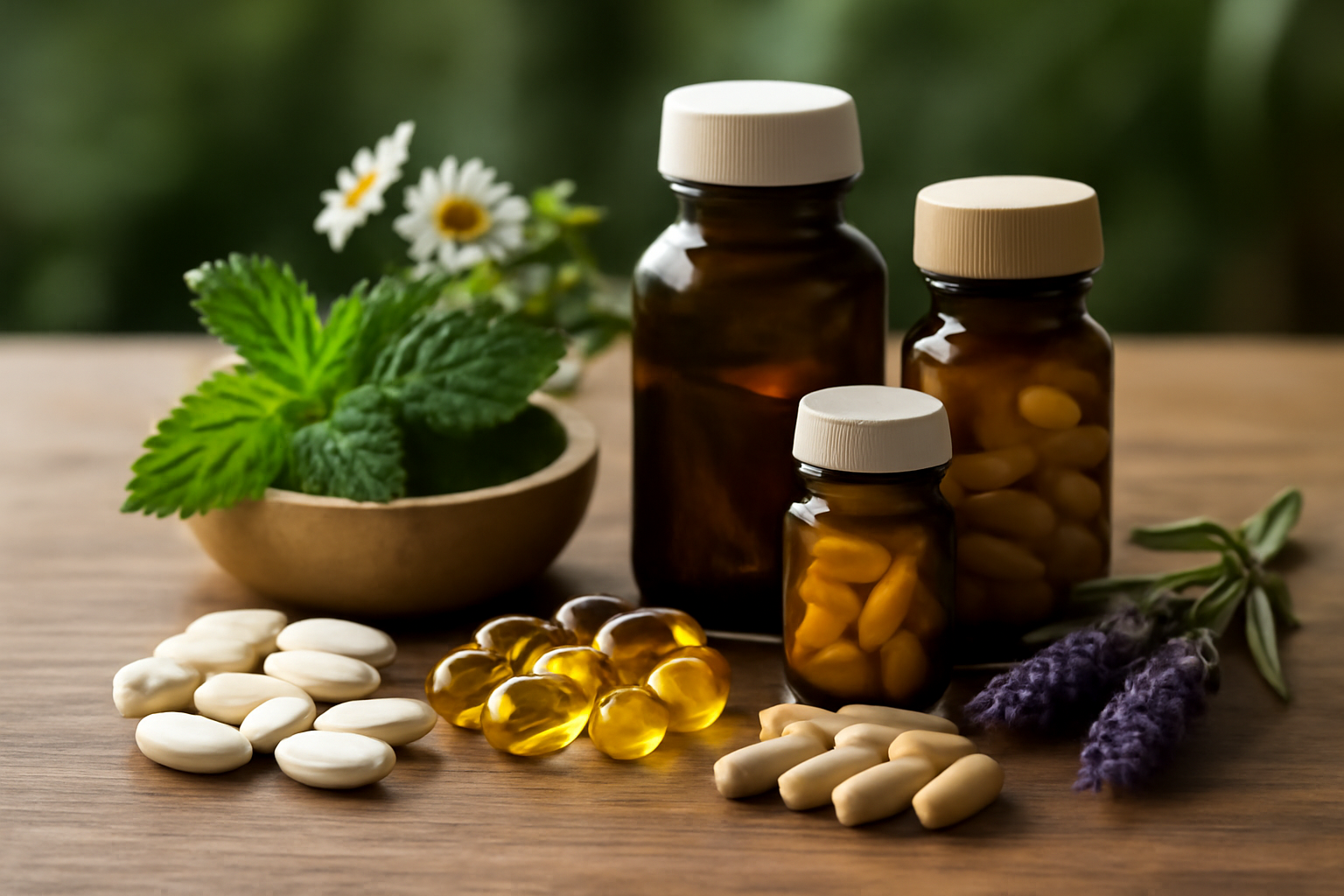 Various supplement pills and herbal leaves on wood surface