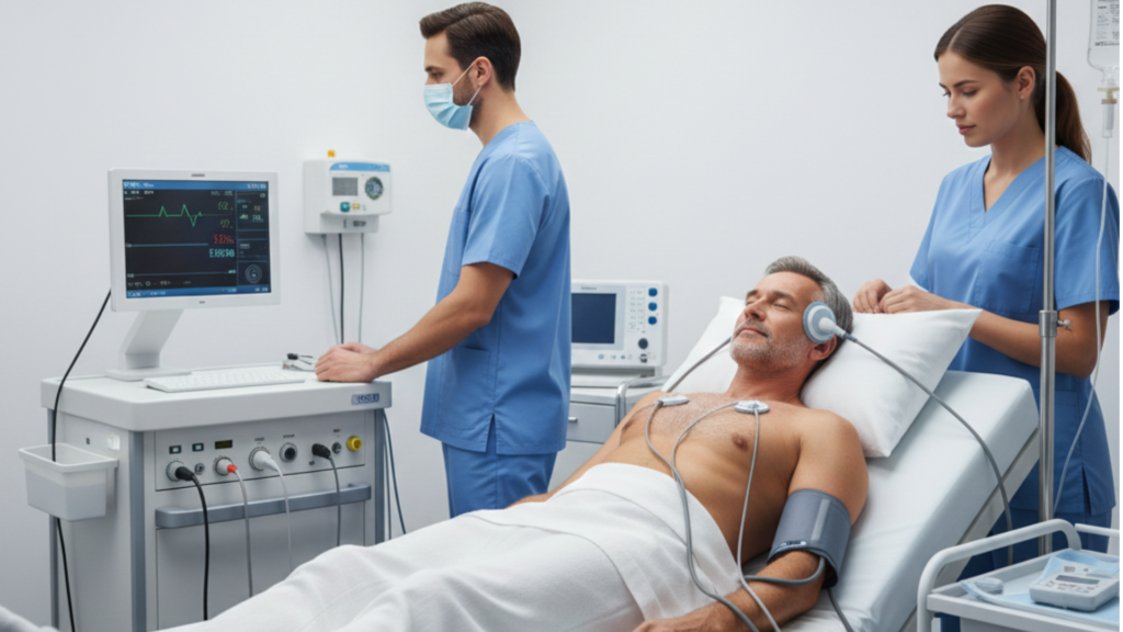 Illustration showing the benefits of ECT electroconvulsive therapy, including rapid relief from severe depression, improved mood, and reduced suicidal thoughts.