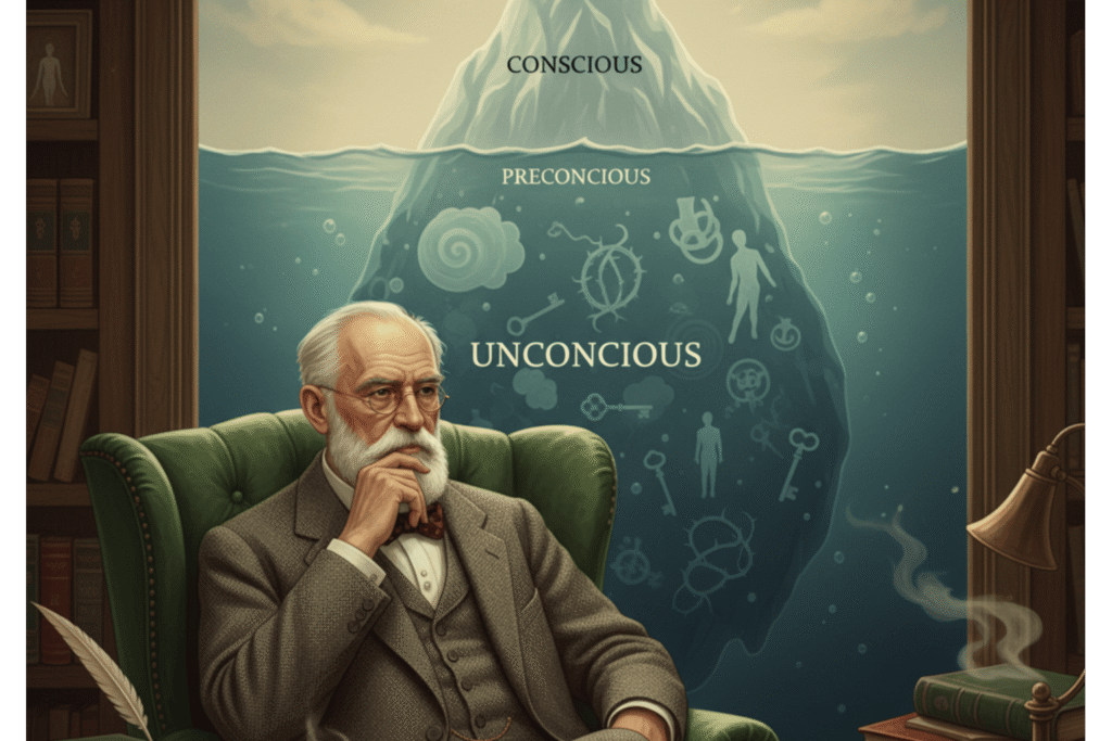 Illustration of the unconscious mind showing hidden thoughts, memories, and emotions beneath the surface of conscious awareness, symbolized by an iceberg.