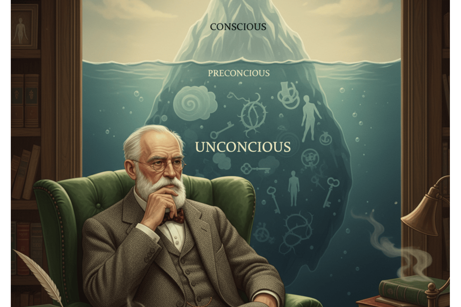 Illustration of the unconscious mind showing hidden thoughts, memories, and emotions beneath the surface of conscious awareness, symbolized by an iceberg.