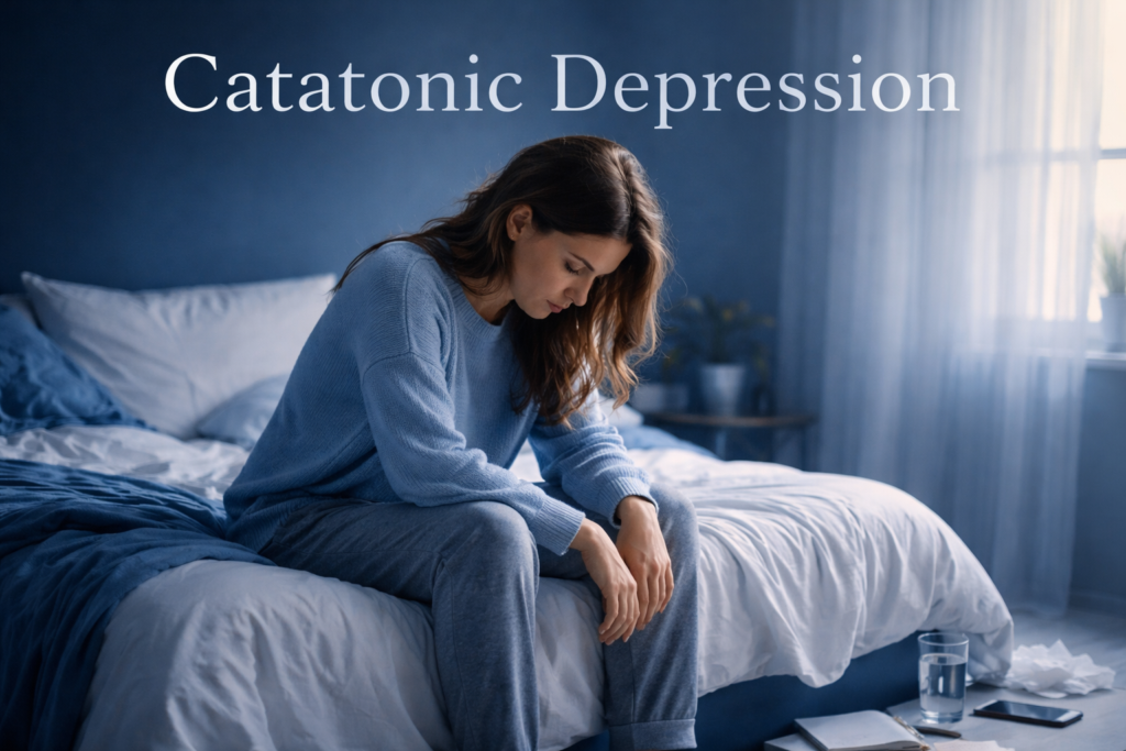 A person sits motionless on a bed in a dimly lit room, staring blankly ahead, illustrating symptoms of catatonic depression.