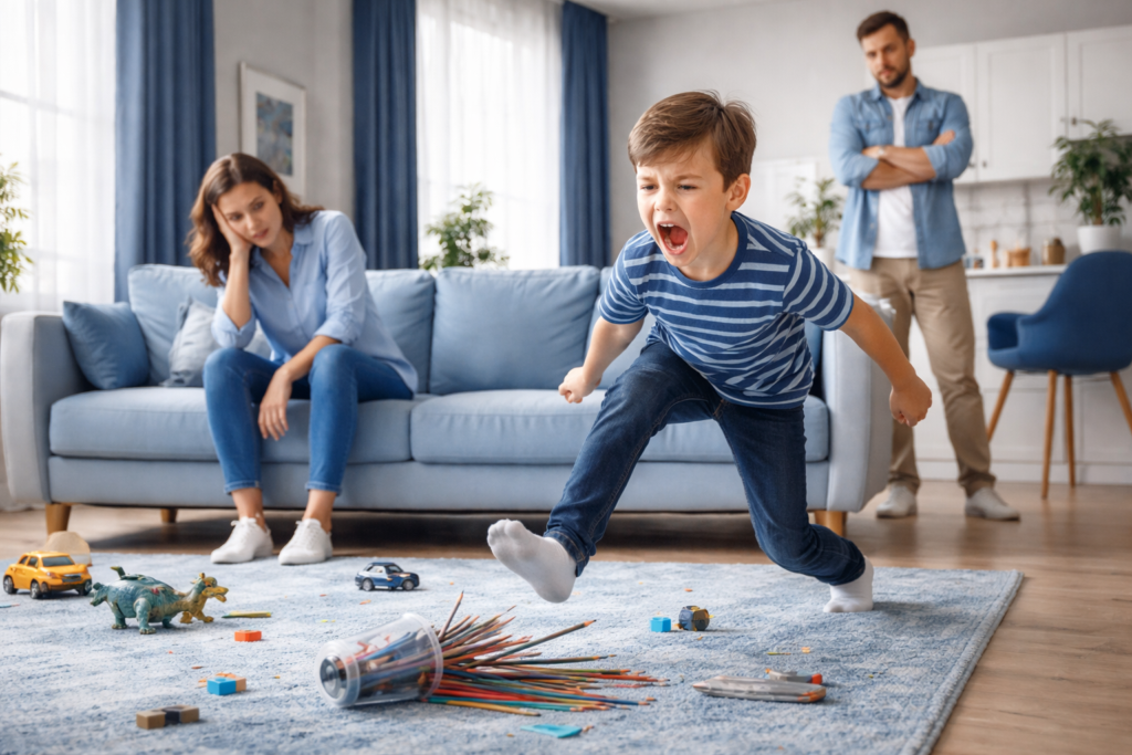 Illustration showing symptoms of disruptive behavior disorder in children, including aggression, defiance, and difficulty following rules in a classroom setting.