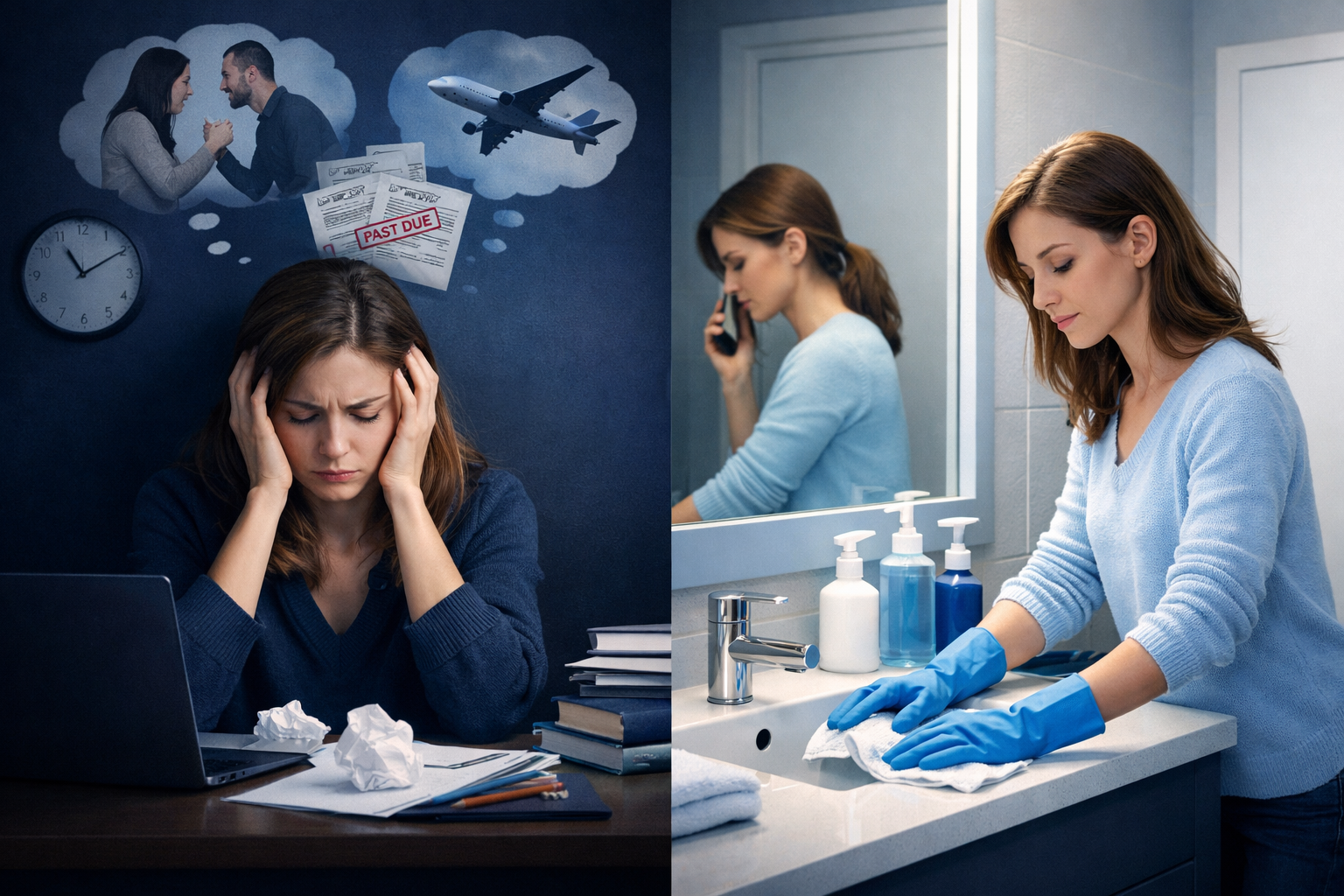 Diagram illustrating the difference between obsession—repetitive intrusive thoughts—and compulsion—repetitive behaviors performed to reduce anxiety.