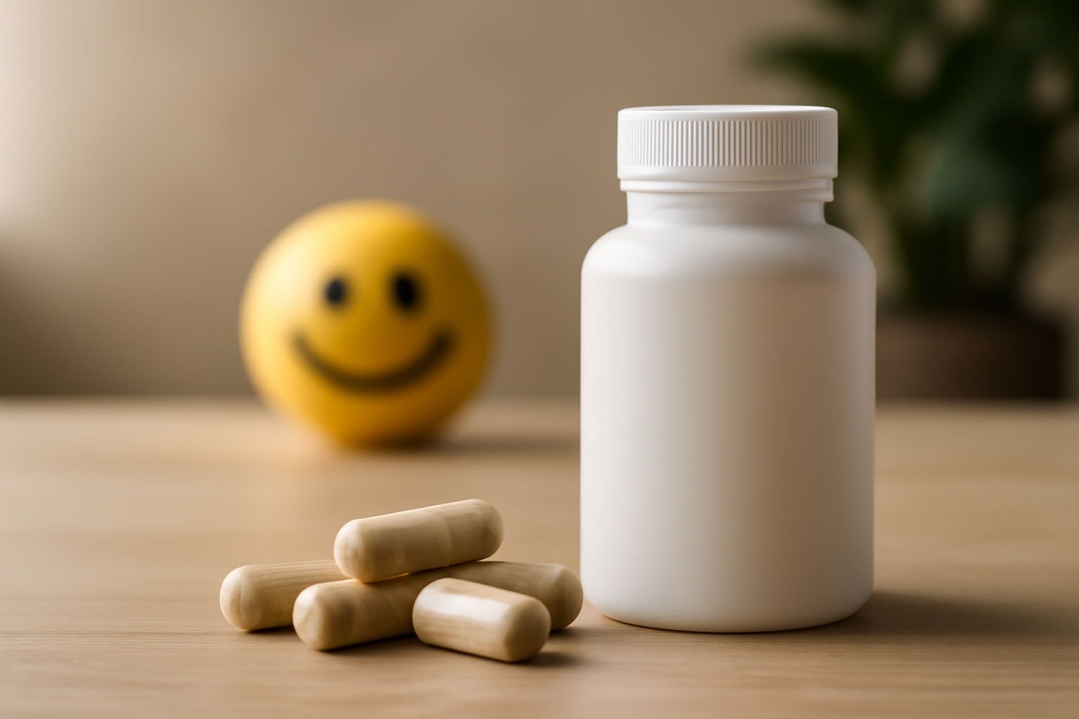 A variety of probiotic supplements and foods like yogurt and kimchi arranged on a table, highlighting their potential benefits for mental health support.