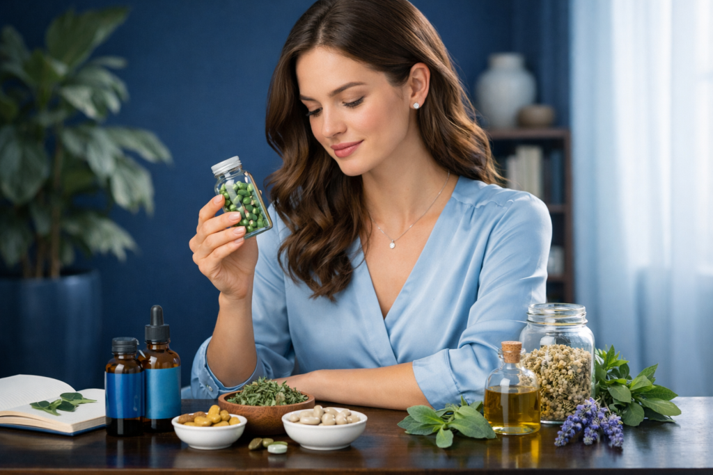 A selection of natural antidepressants including St. John’s Wort, omega-3 fatty acids, saffron, exercise, and sunlight arranged on a wooden table.