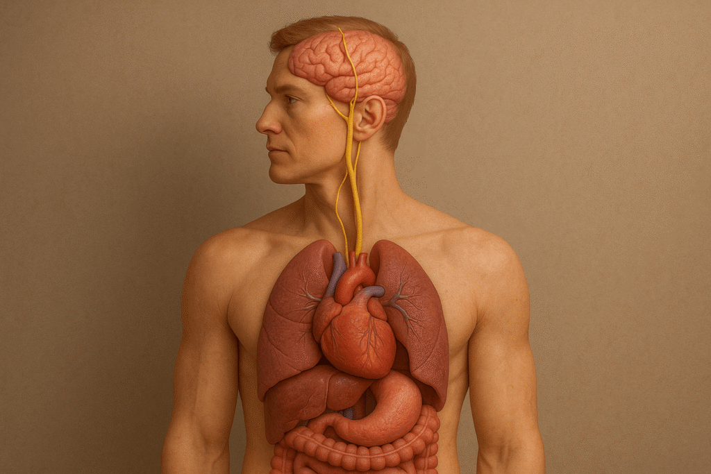 Illustration showing the vagus nerve, a major cranial nerve that controls heart rate, digestion, and communication between the brain and internal organs.