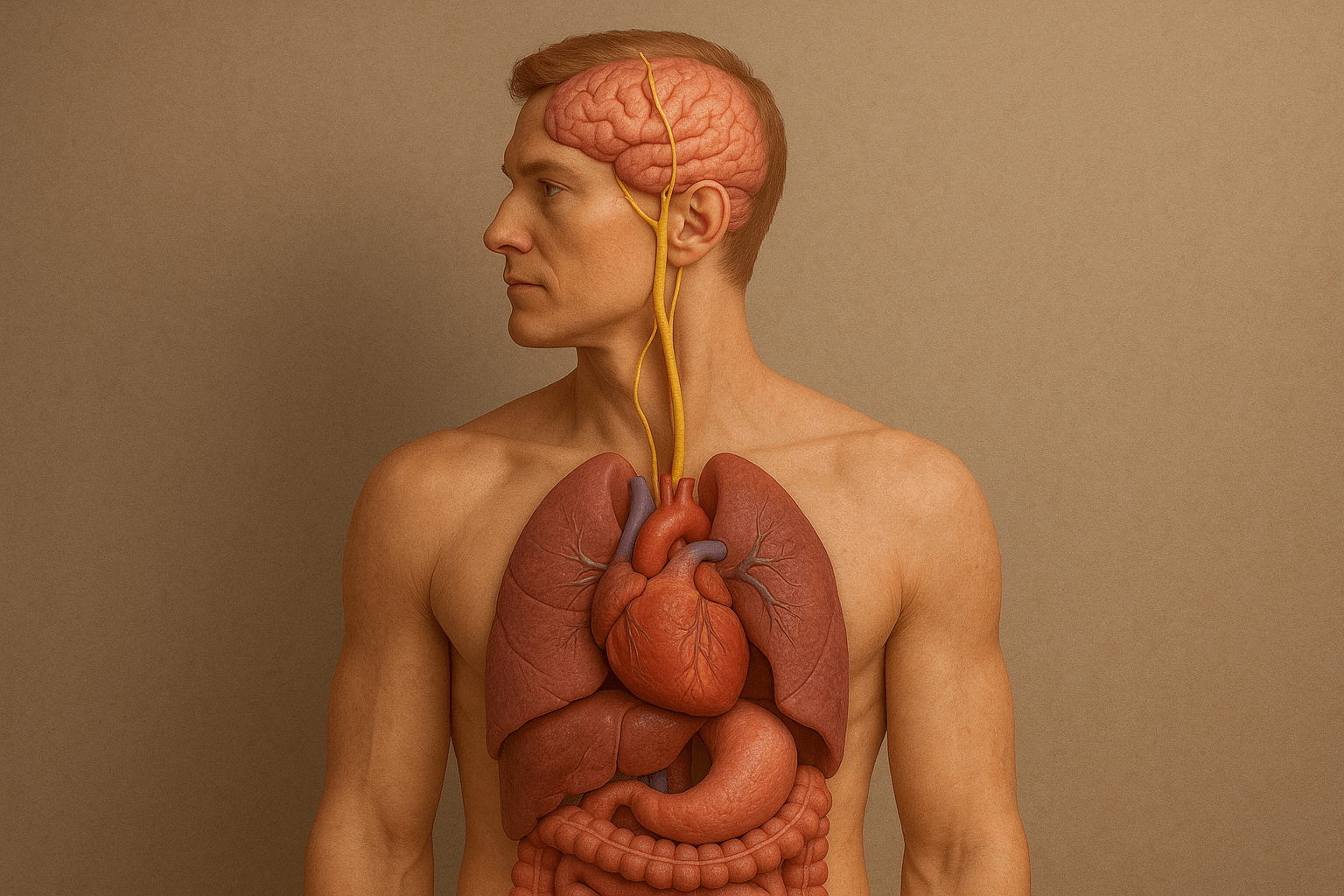 Illustration showing the vagus nerve, a major cranial nerve that controls heart rate, digestion, and communication between the brain and internal organs.