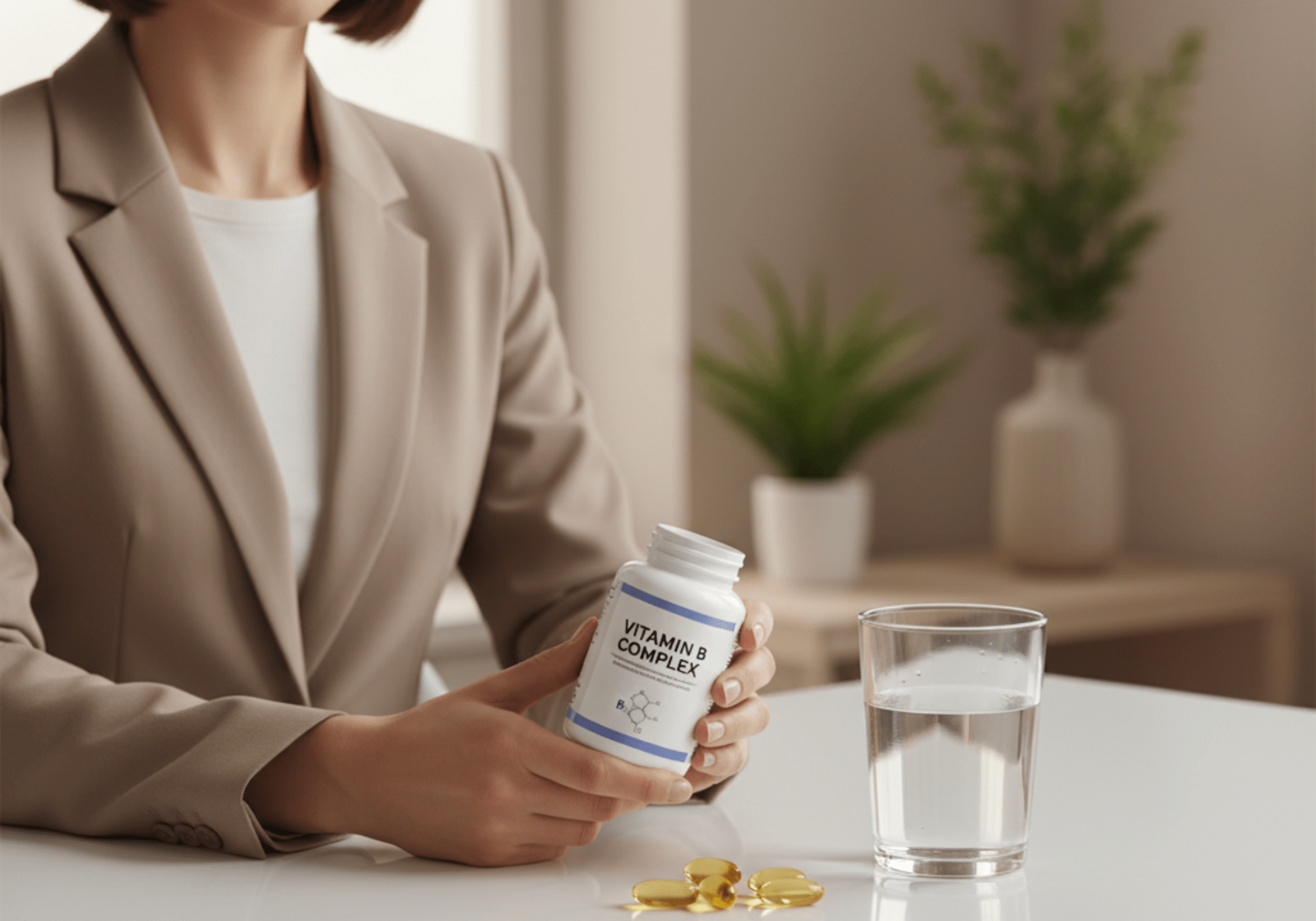A bottle of vitamin B supplements placed next to a notebook and pen, symbolizing the use of vitamin B for memory support and cognitive health.