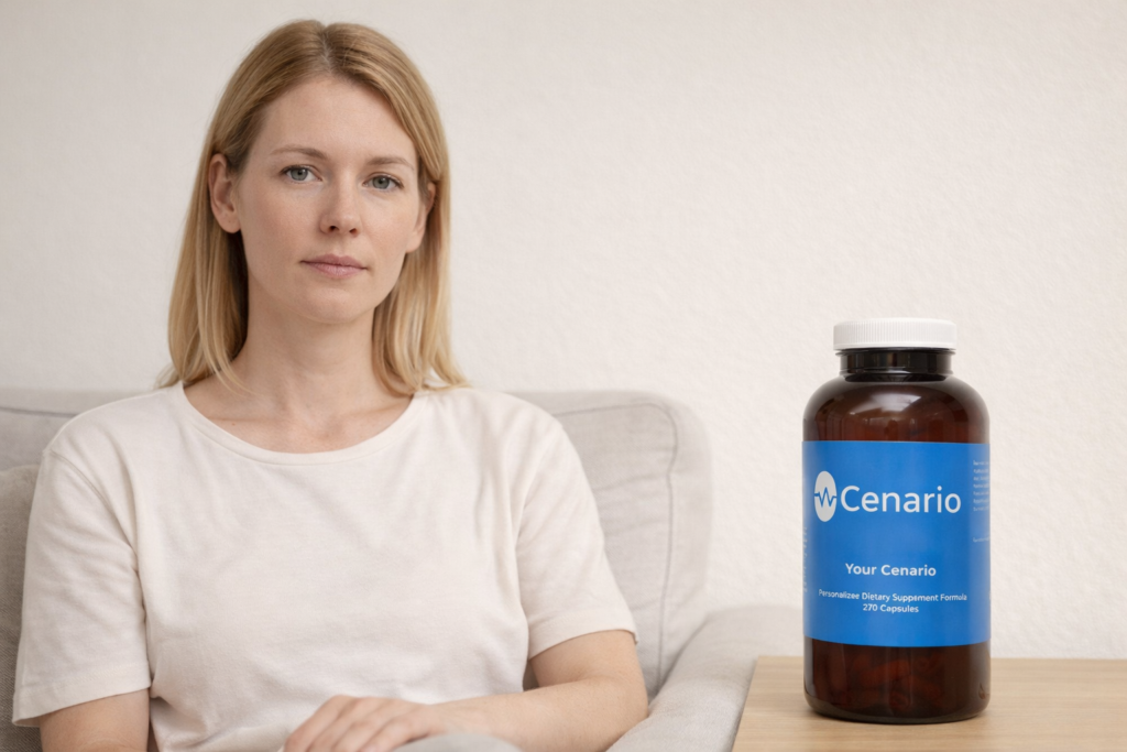 Bottles of vitamin supplements labeled for anxiety relief, surrounded by calming herbs and a notepad with tips for managing anxiety attacks naturally.