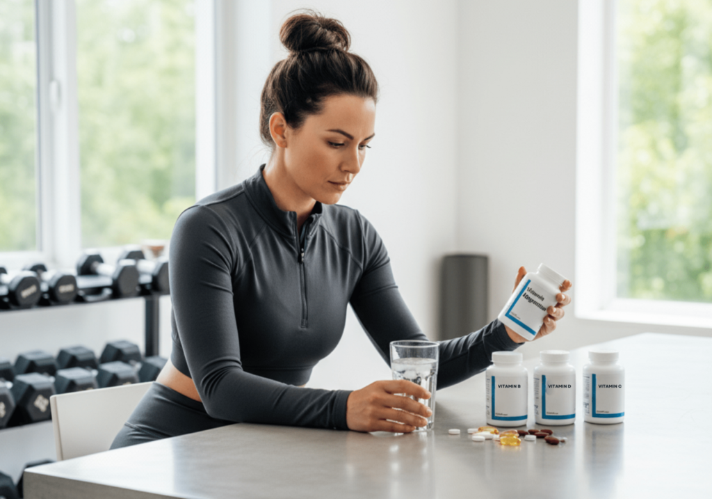 Bottles of vitamins labeled for energy and focus, featuring capsules and tablets with ingredients like B12, ginseng, and green tea on a wooden table.
