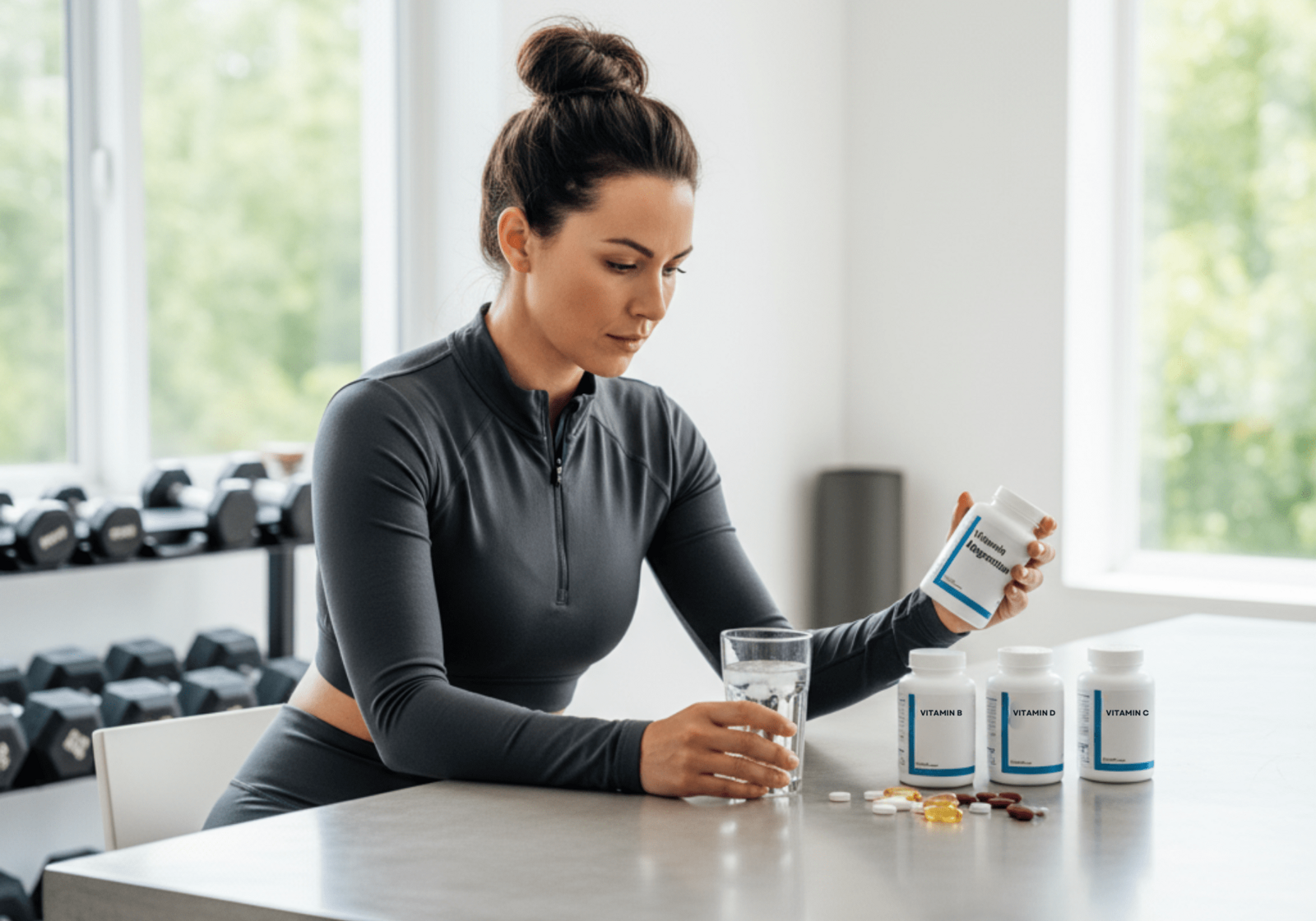 Bottles of vitamins labeled for energy and focus, featuring capsules and tablets with ingredients like B12, ginseng, and green tea on a wooden table.