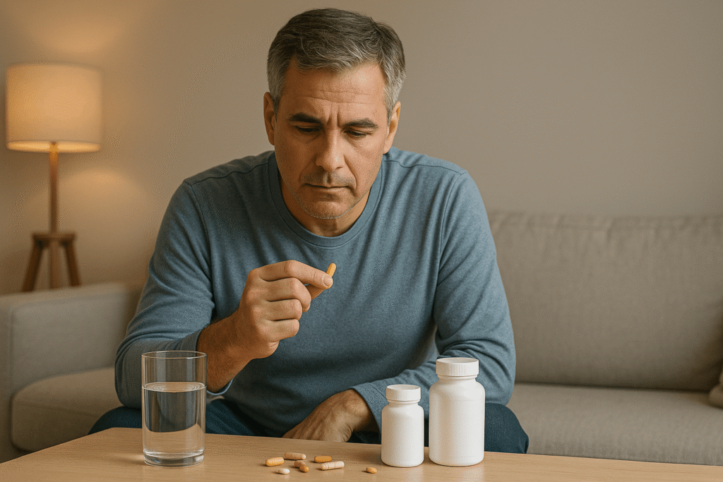 Bottles of vitamins for memory support, including B vitamins, vitamin E, and omega-3 supplements, arranged on a table with a brain model.
