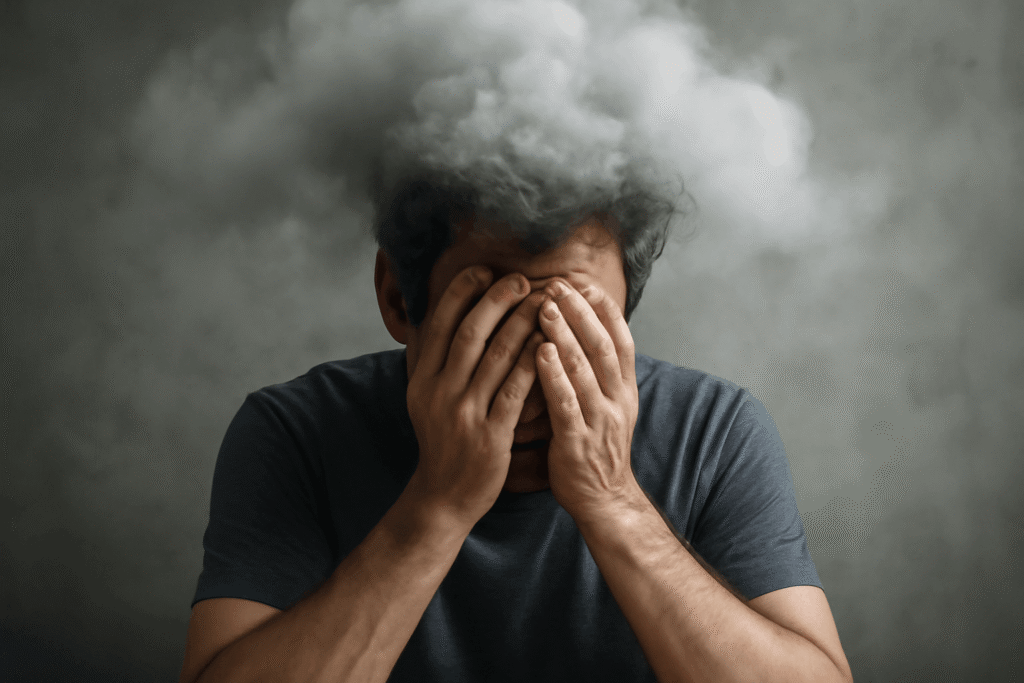 Illustration showing a person surrounded by clouds and confusion, representing the mental haziness and lack of clarity commonly described as brain fog.