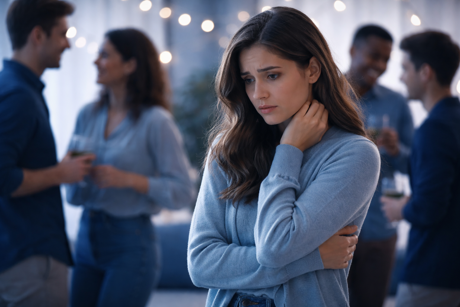 A person sitting alone with a worried expression, surrounded by thought bubbles depicting social anxiety and the feeling that everyone dislikes them.