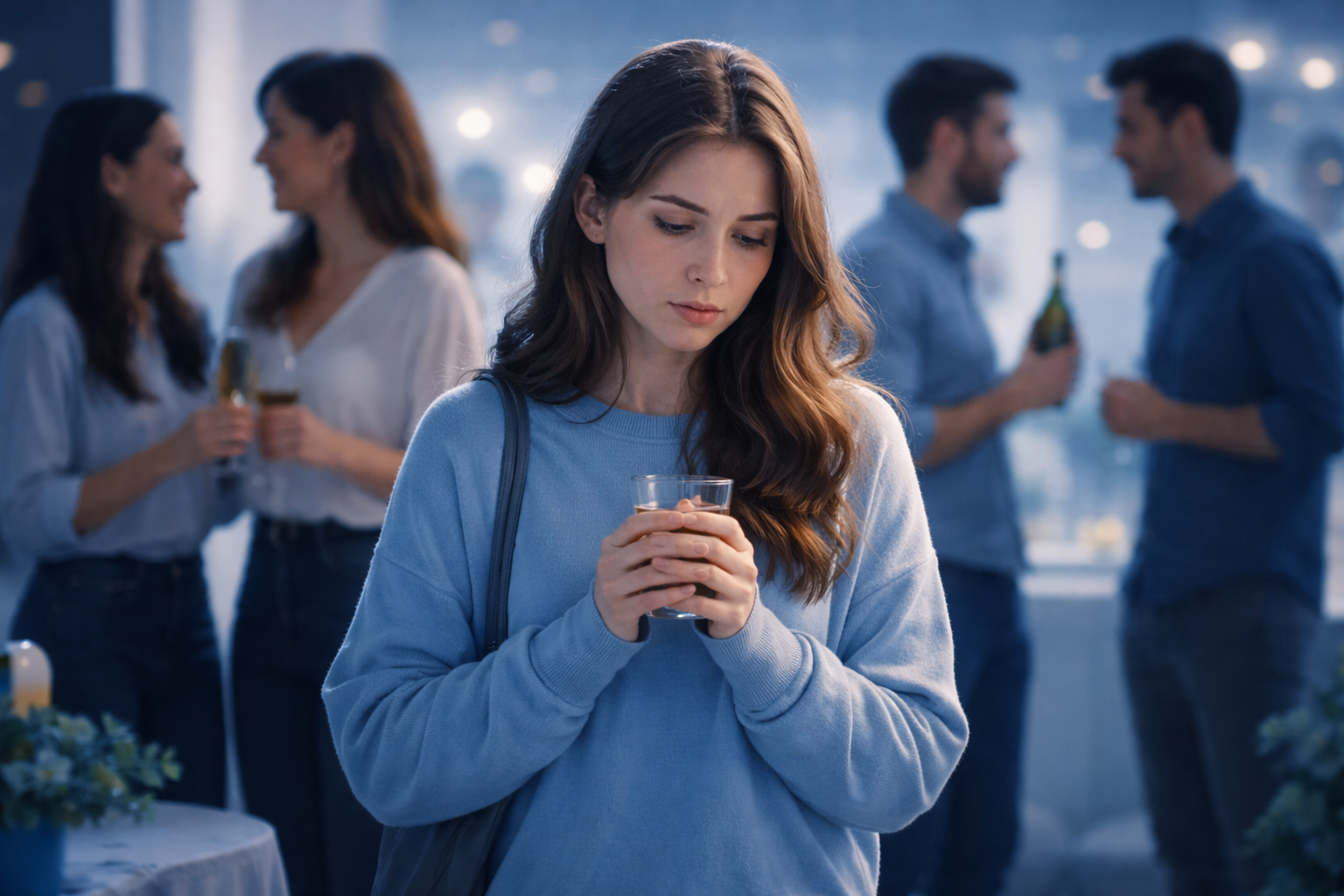 A person sits alone, looking anxious and withdrawn, feeling isolated and believing that everyone around them dislikes or rejects them.