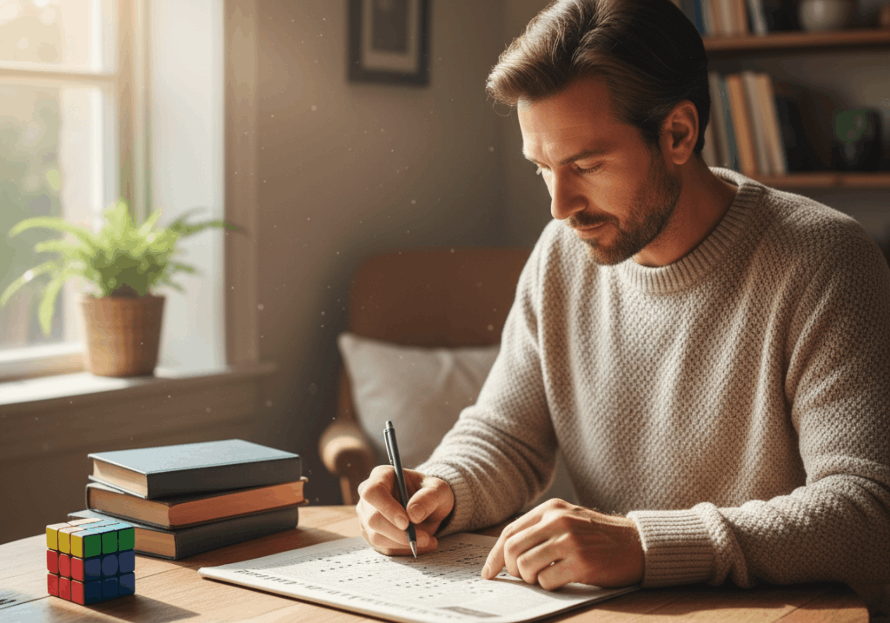 Man solving puzzle and crossword with books and Rubik's cube on table