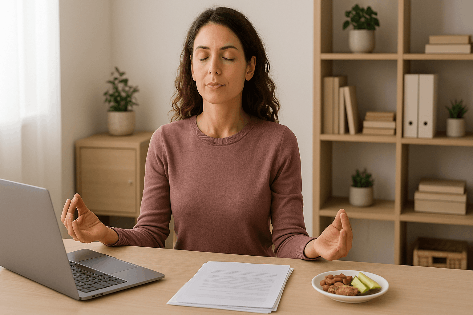 Woman meditating at desk with laptop and snacks