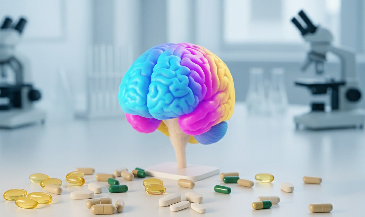Colorful brain model with scattered supplements and lab microscopes