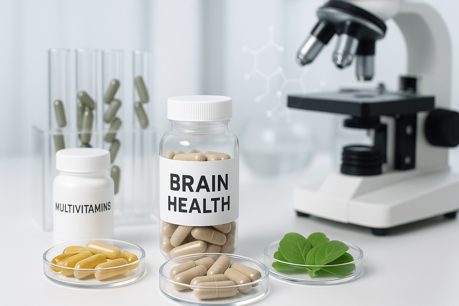 Bottles of brain health and multivitamin supplements with capsules and green leaves