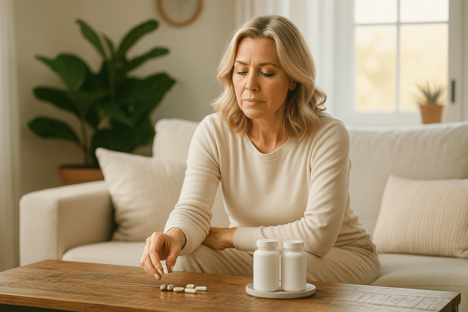 Woman sitting on couch sorting different pills on a table