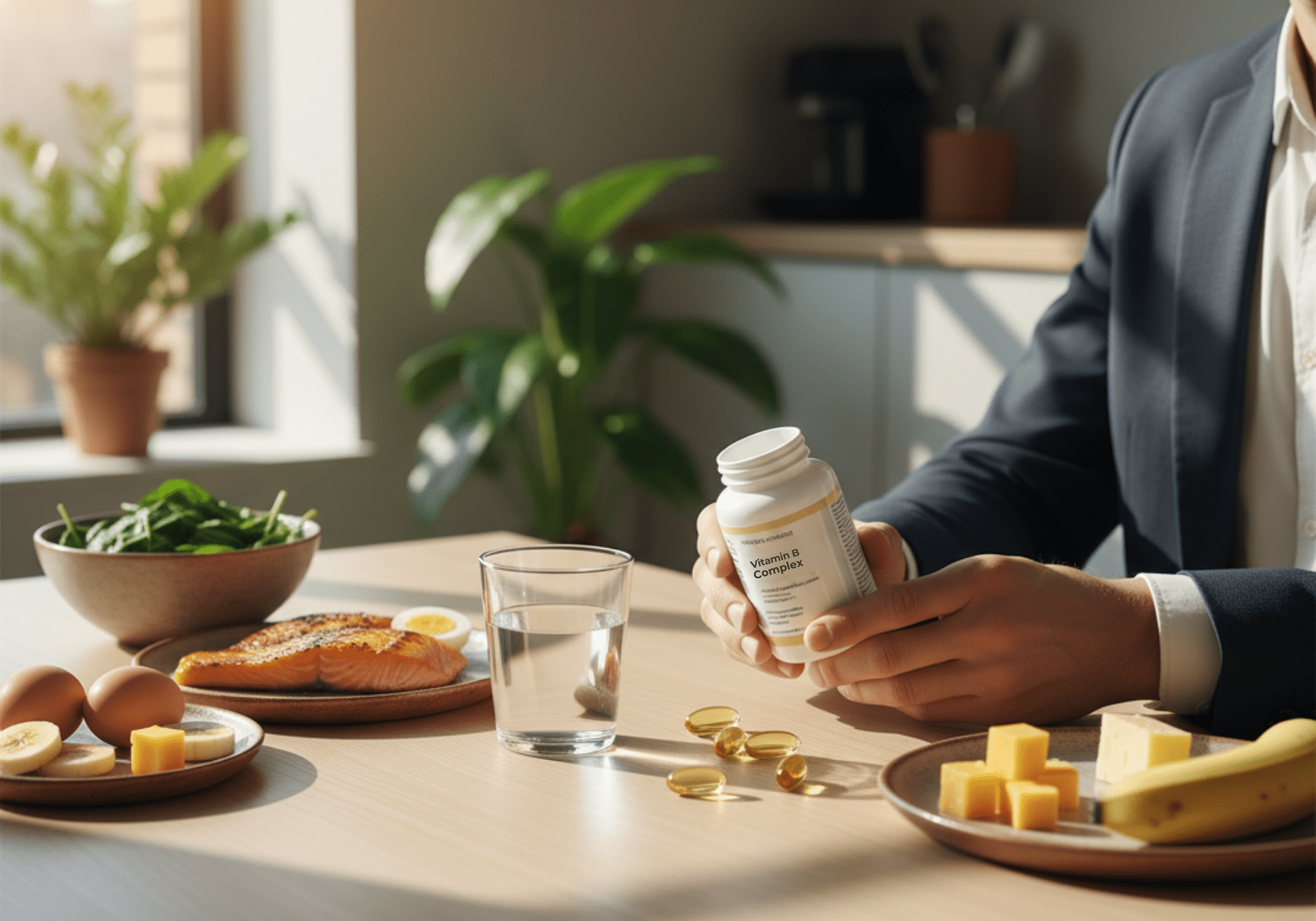 Person holding vitamin B complex bottle with healthy food on table