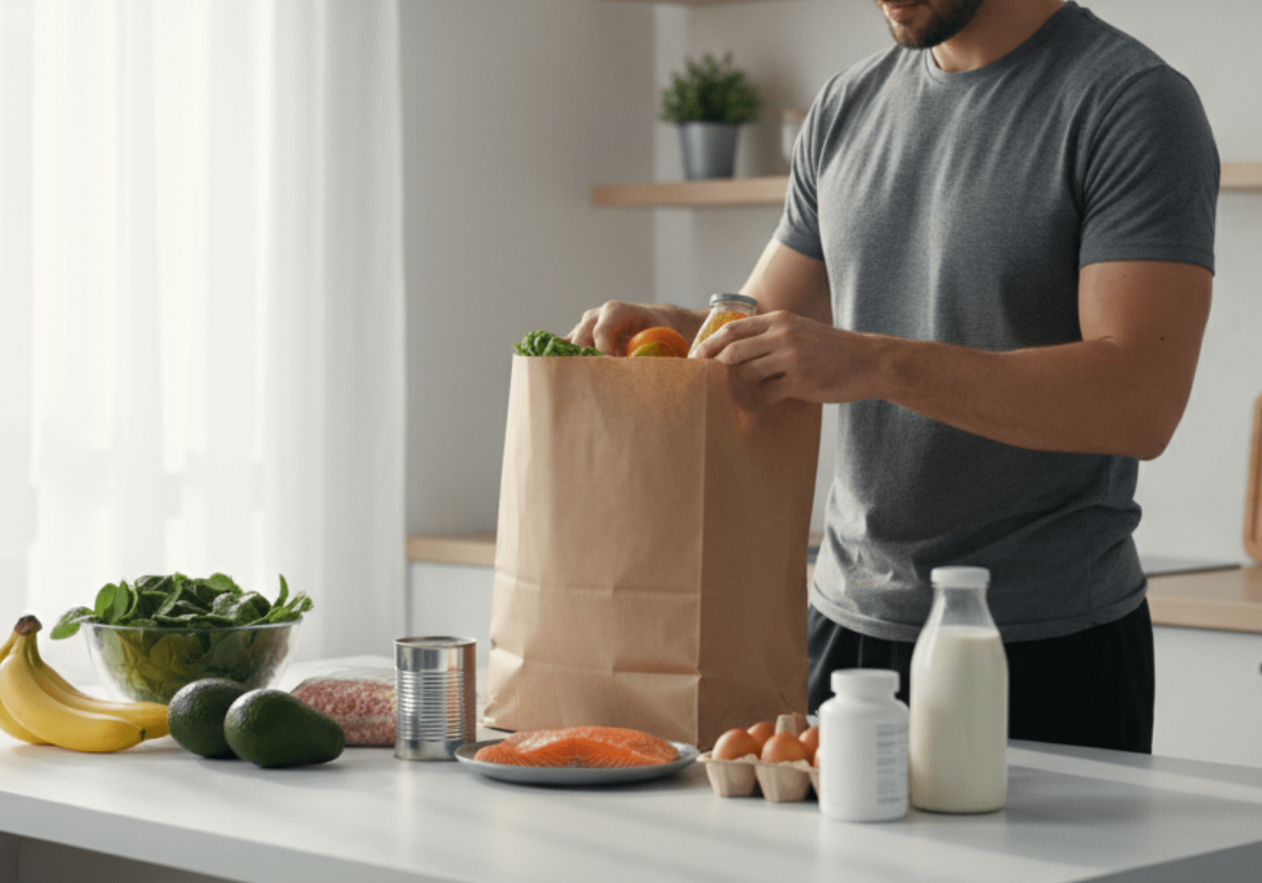 Man unpacking groceries with healthy foods and supplements on counter