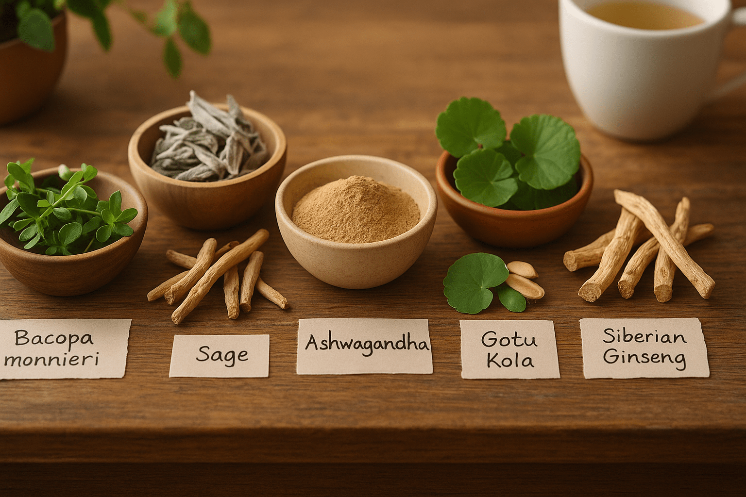 Five herbs with labels: Bacopa monnieri, Sage, Ashwagandha, Gotu Kola, Siberian Ginse