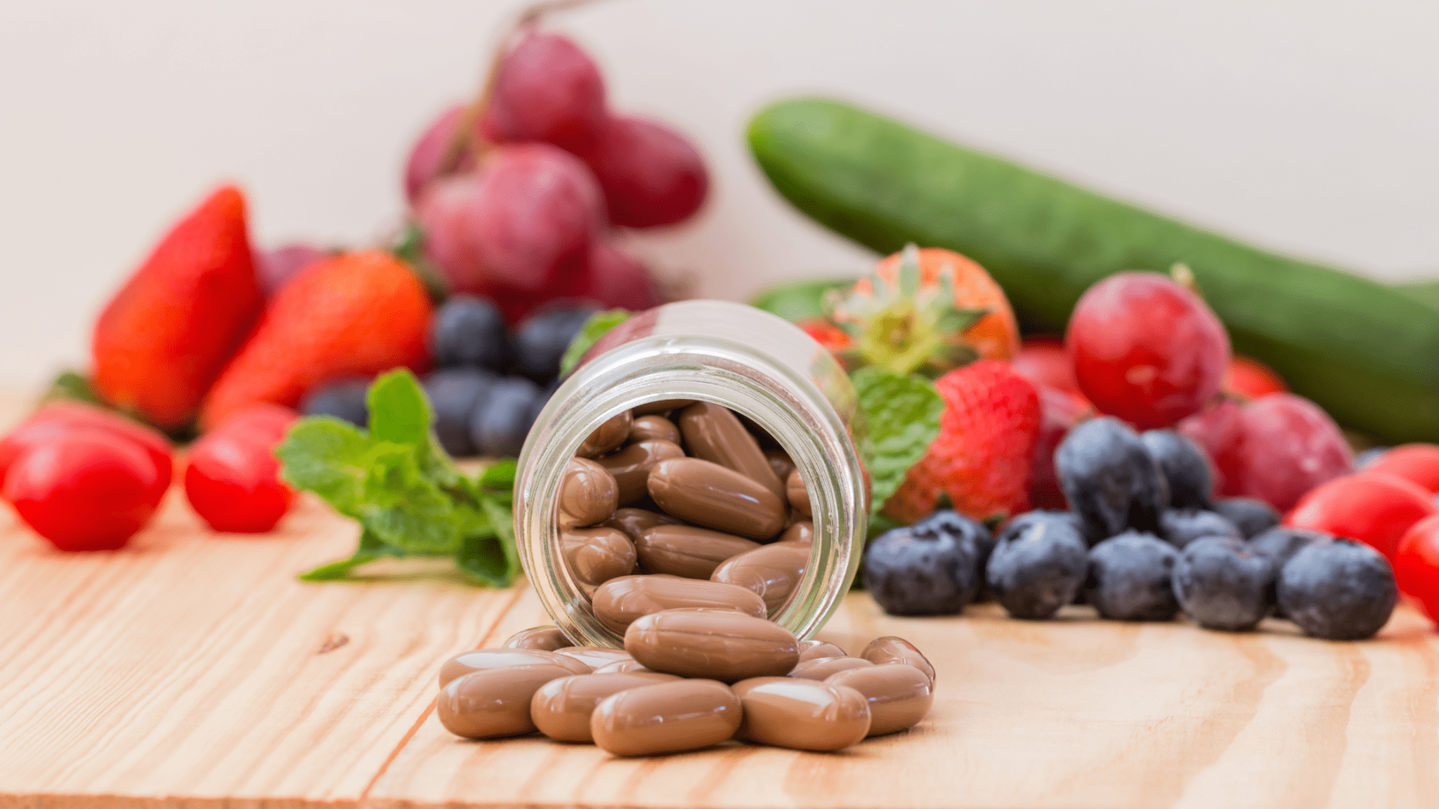 Jar of brown capsules with assorted fresh fruits and vegetables