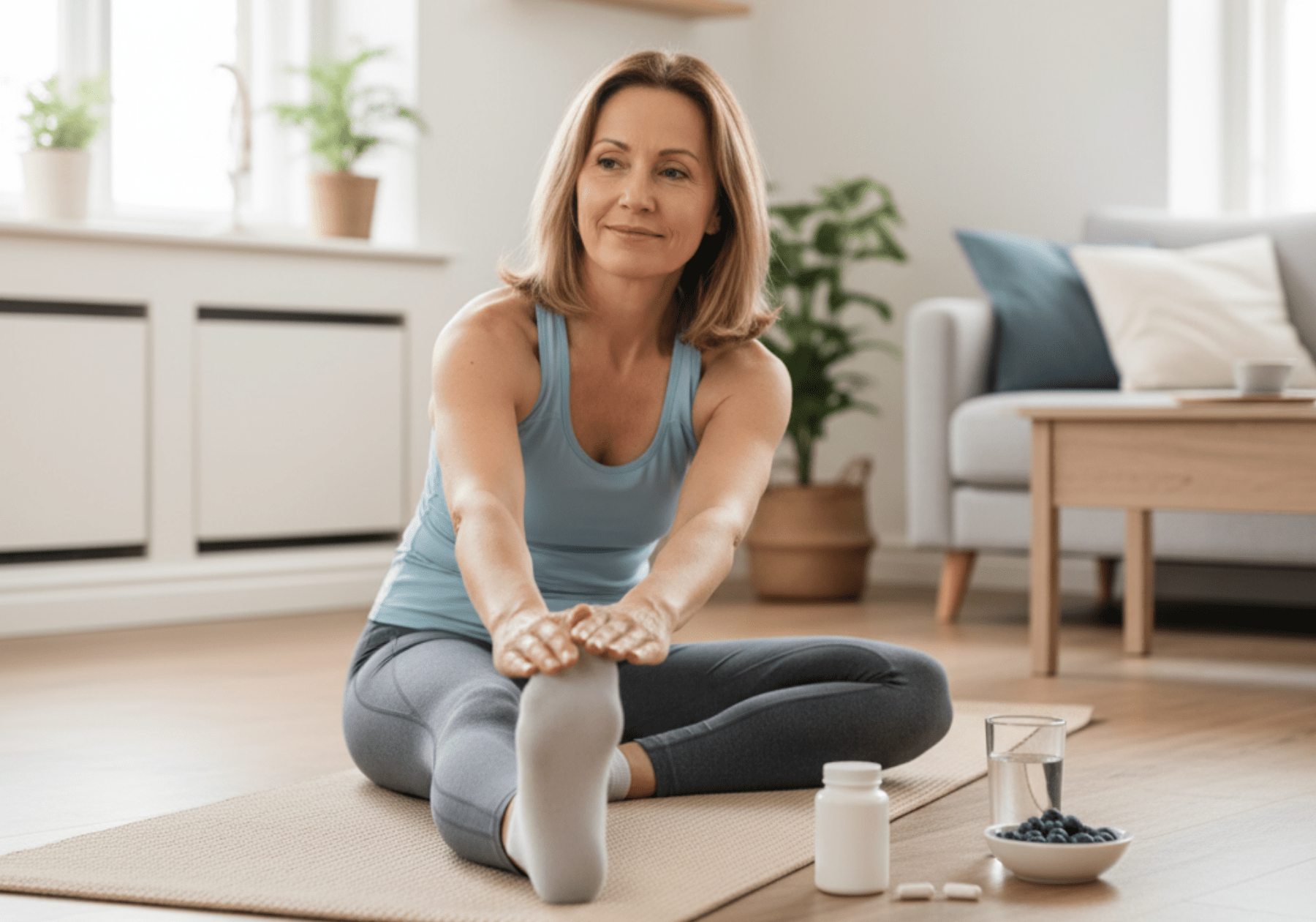 Middle-aged woman stretching on a yoga mat indoors
